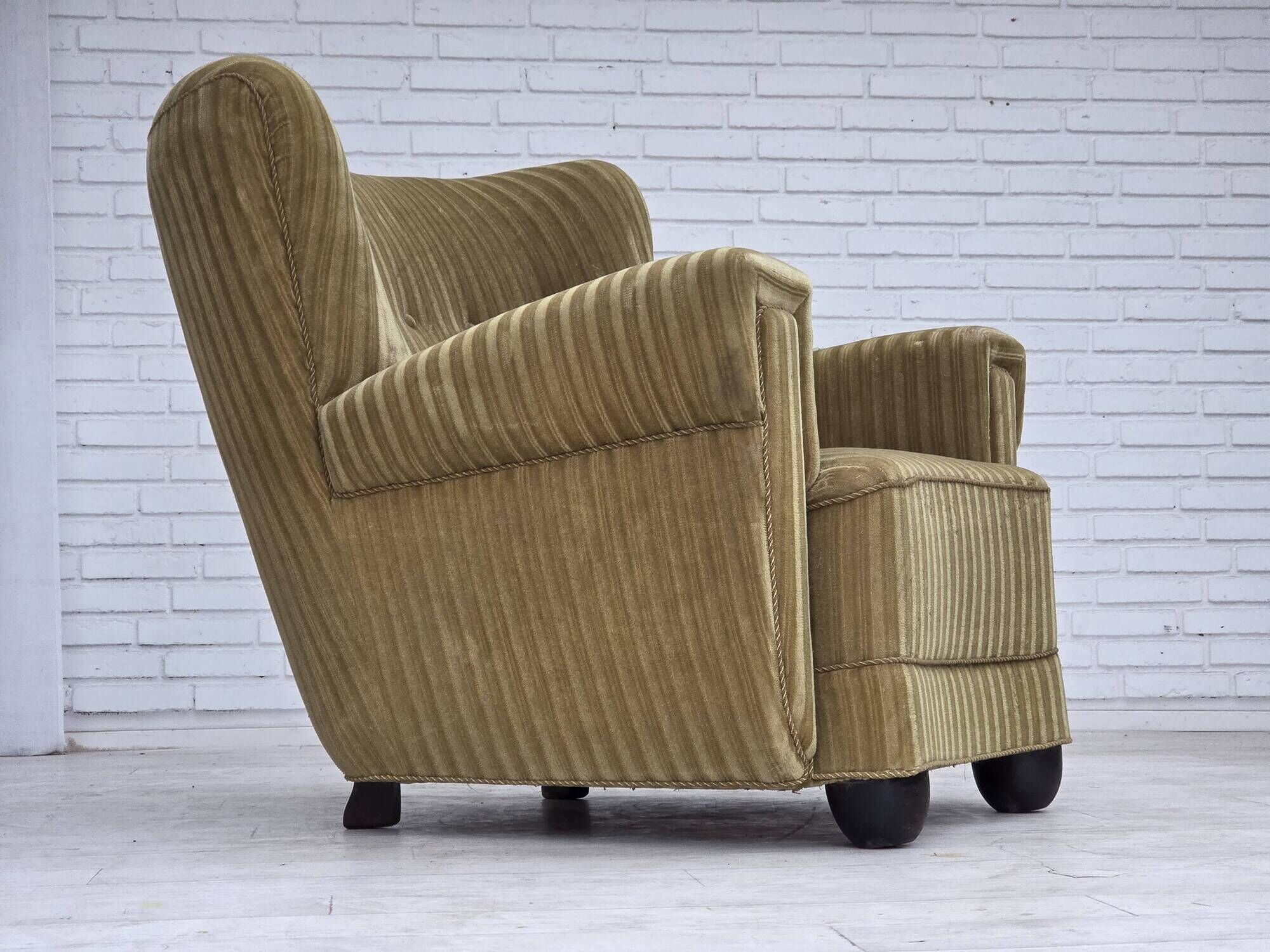 1960s, Danish relax armchair, furniture velour, oak wood.