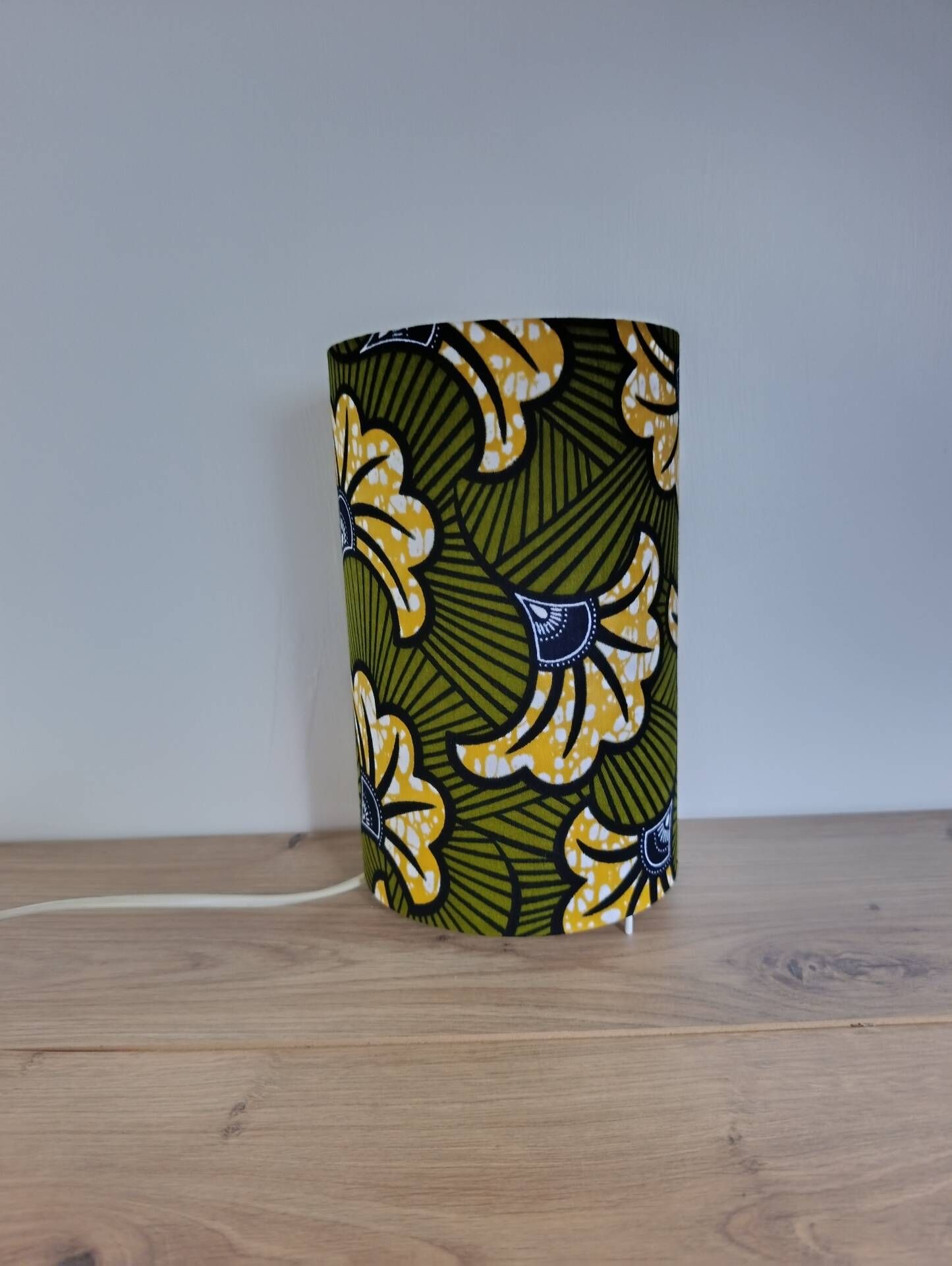 Olive green/yellow ethnic printed flower wax tube lamp