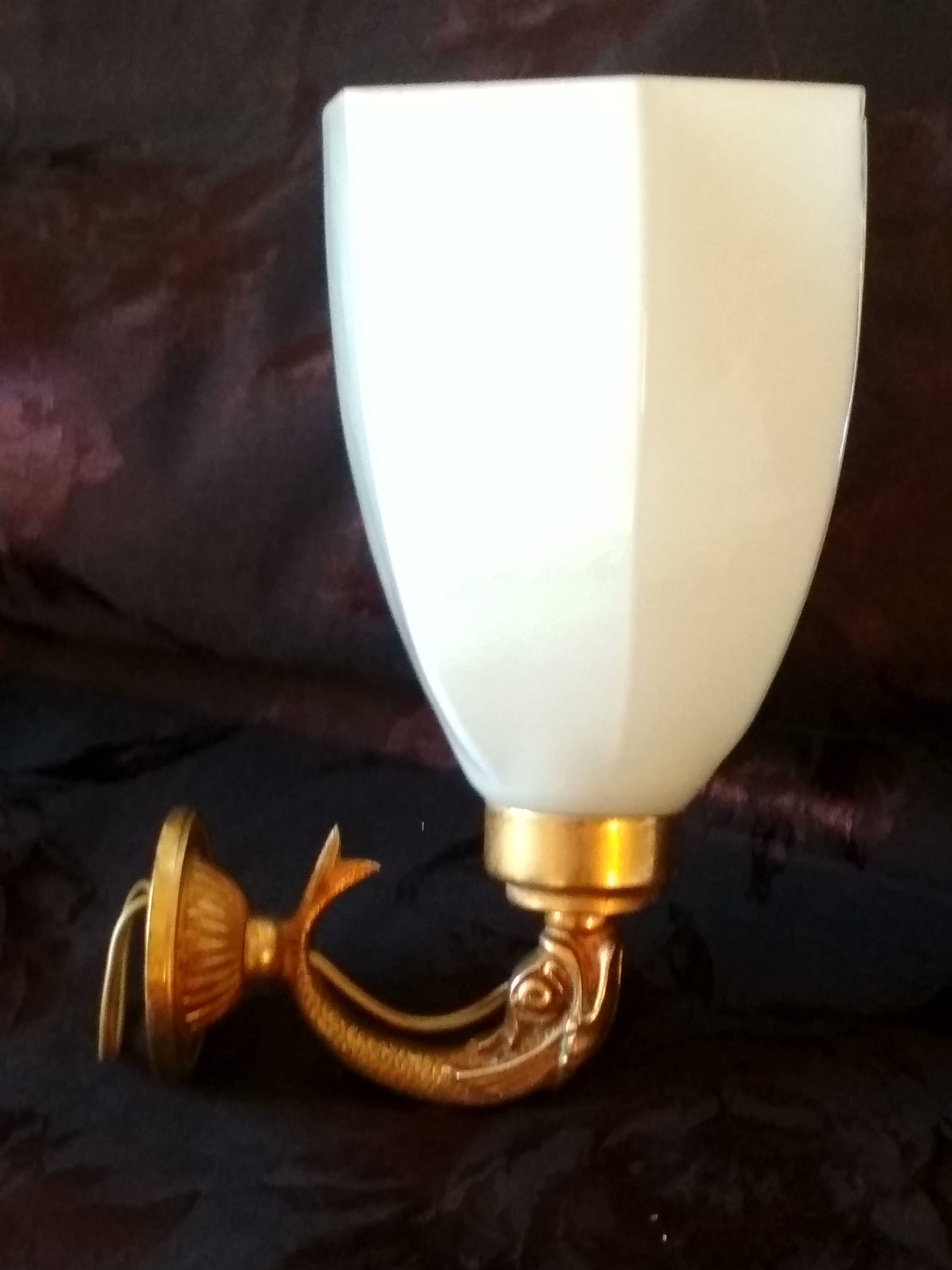 Golden brass wall light with glass tulip - dolphin pattern bathroom lamp