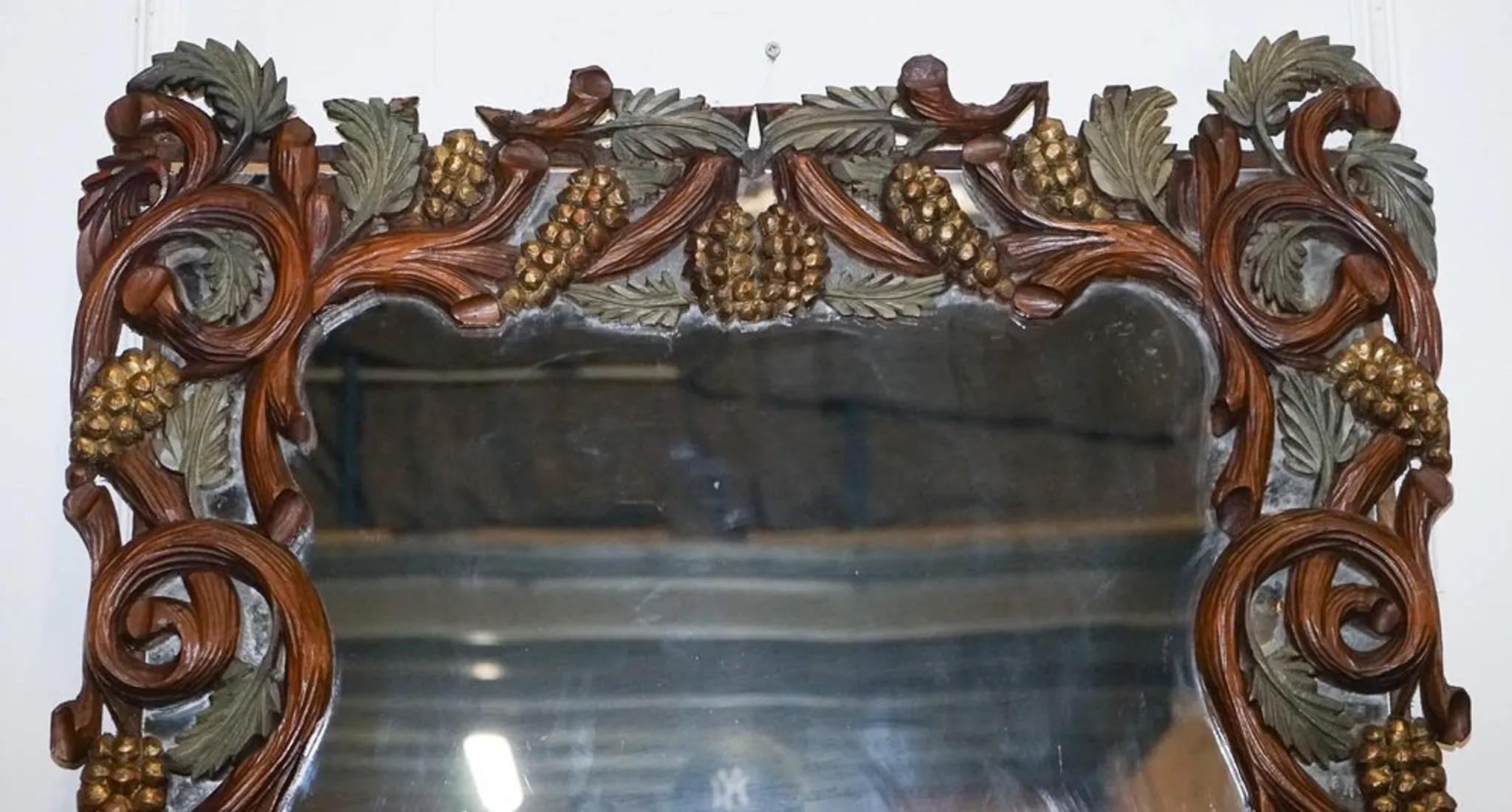 Vintage Black Heavily Carved Wooden Forest Wall Mirror