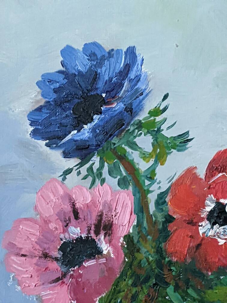 Acrylic painting on canvas, still life, anemones, bohemian countryside