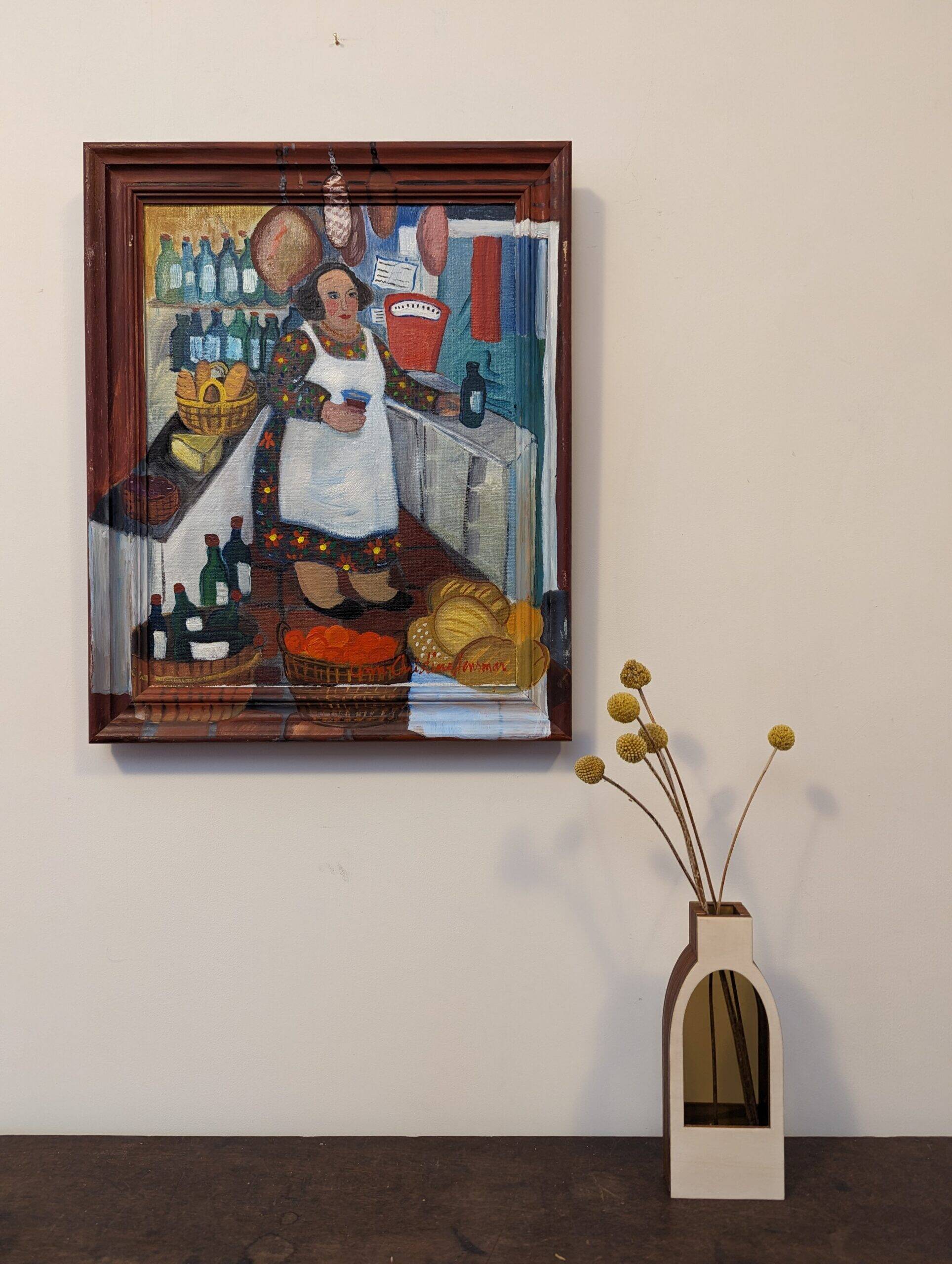 Mid-Century Modern Swedish "The Store" Vintage Figurative Oil Painting, Framed