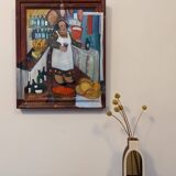 Mid-Century Modern Swedish "The Store" Vintage Figurative Oil Painting, Framed