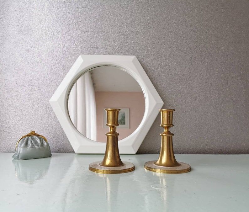 Set of 2 brass candle holders with mother-of-pearl, 1970s