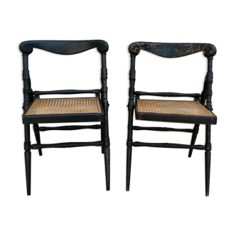 Pair of folding chairs in blackened wood and caning