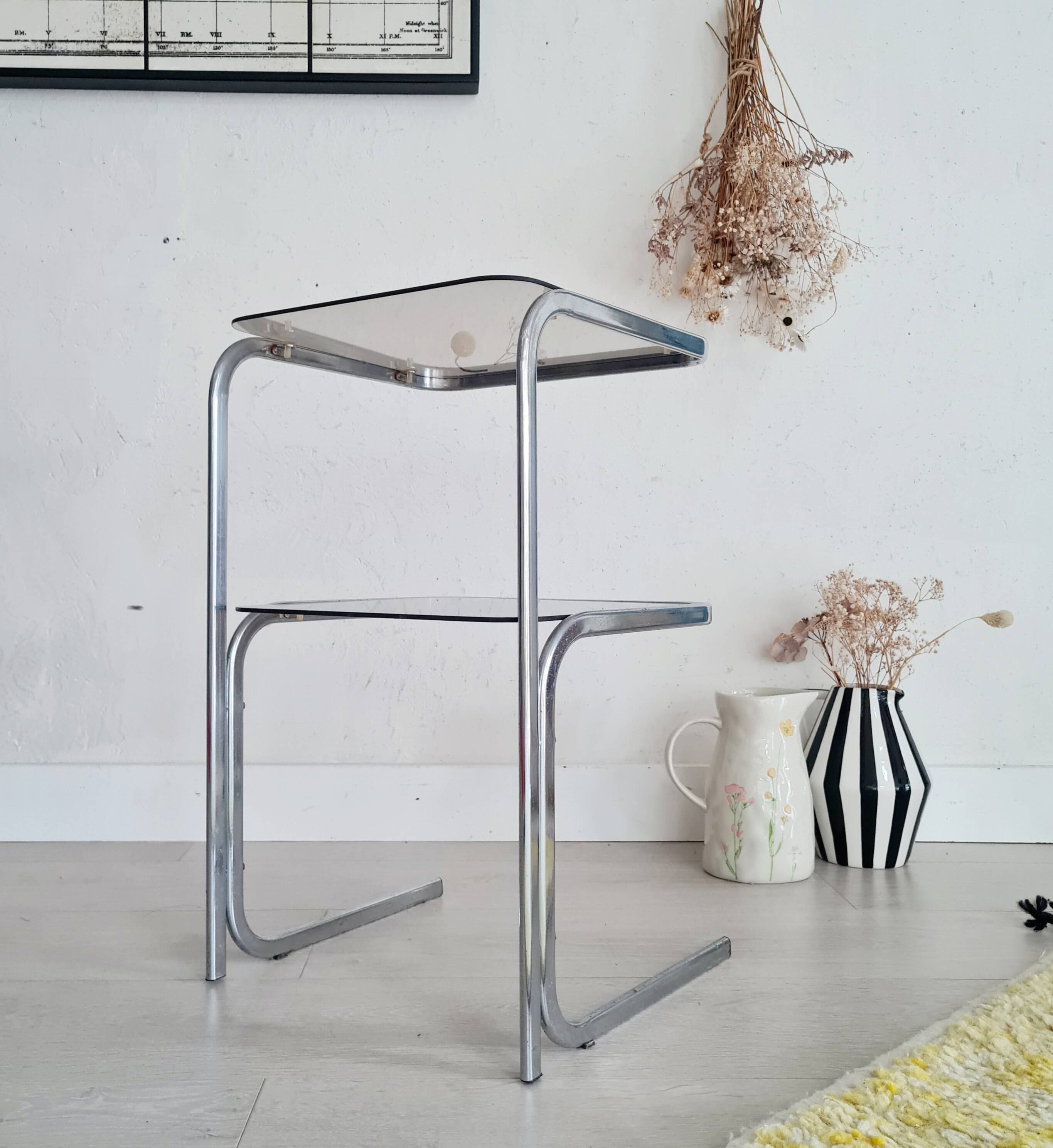Side table - chrome and smoked glass table - vintage design
