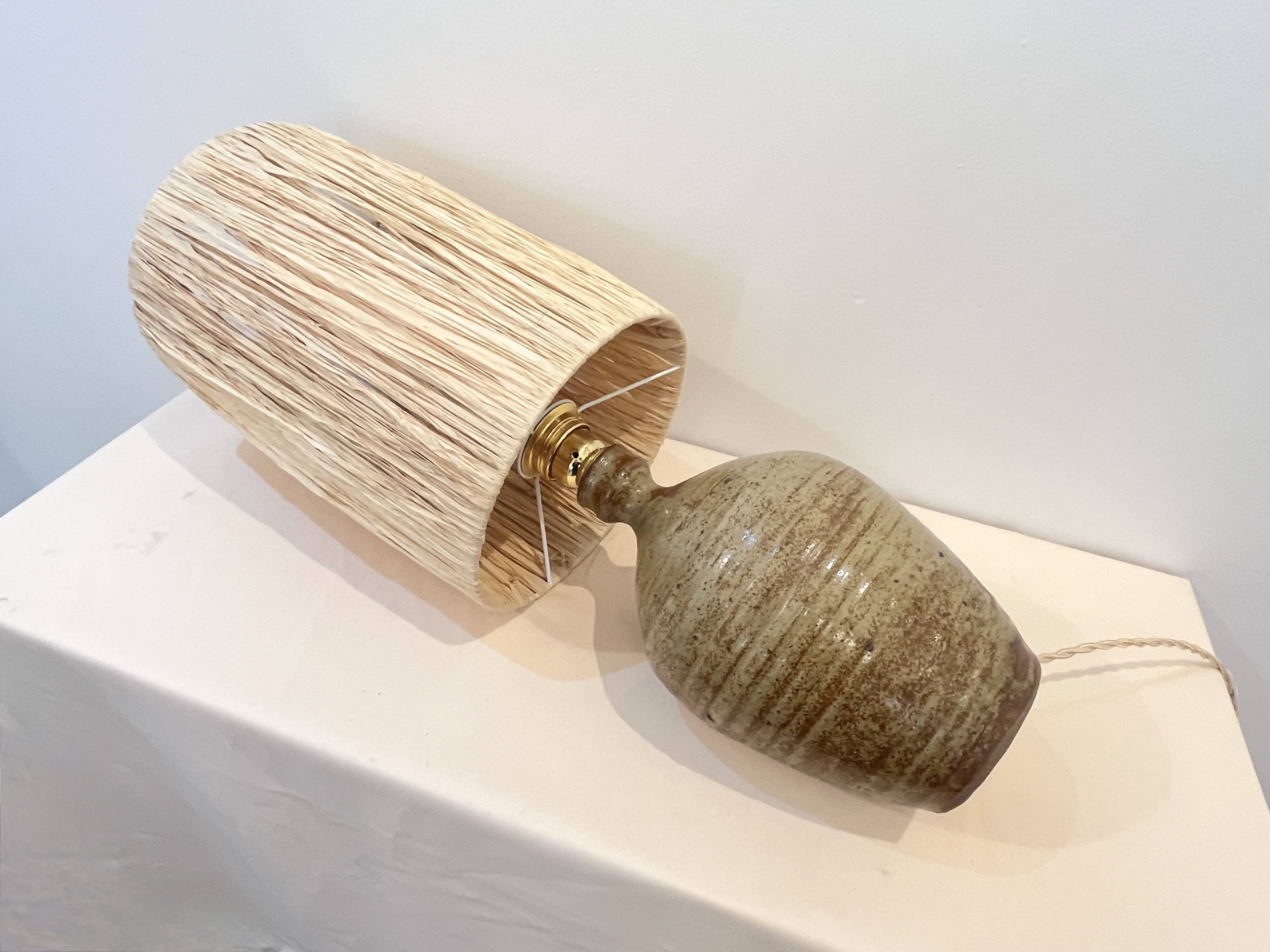 XXL Vintage Lamp Base in Beige Brown Stoneware with Raffia Lampshade 1970
