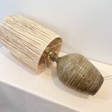 XXL Vintage Lamp Base in Beige Brown Stoneware with Raffia Lampshade 1970