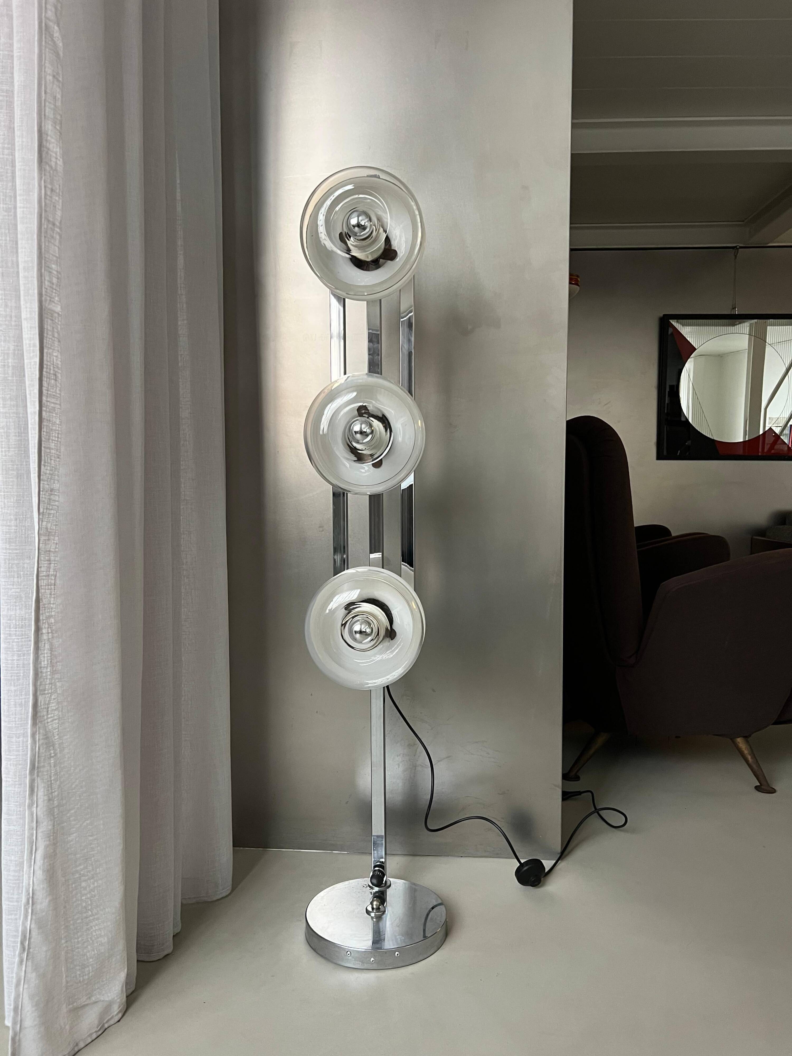 Vintage Italian Floor Lamp in Chromed Metal and Glass with Three Faded Shades