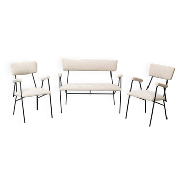 Vintage lounge set with sofa and armchairs in metal and fabric, 1970s modernism