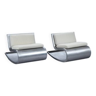 Paire de fauteuils Lounge rocking chairs en aluminium brossé
