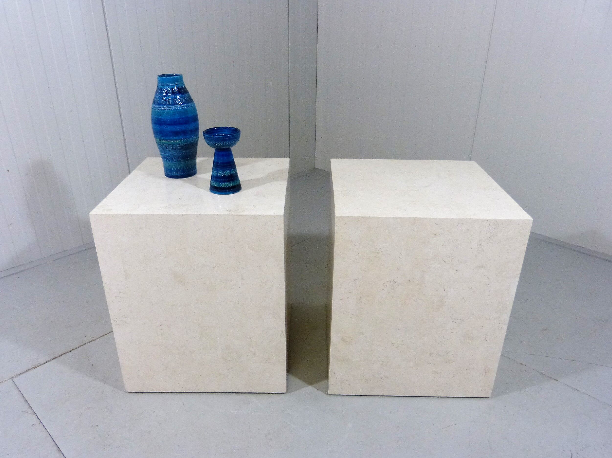 Set of 2 Italian travertine pedestals or side tables 1980’s