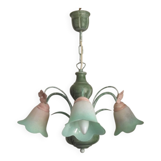 French Vintage 3 Light Wood & Metal Green & Pink Chandelier Glass Shades