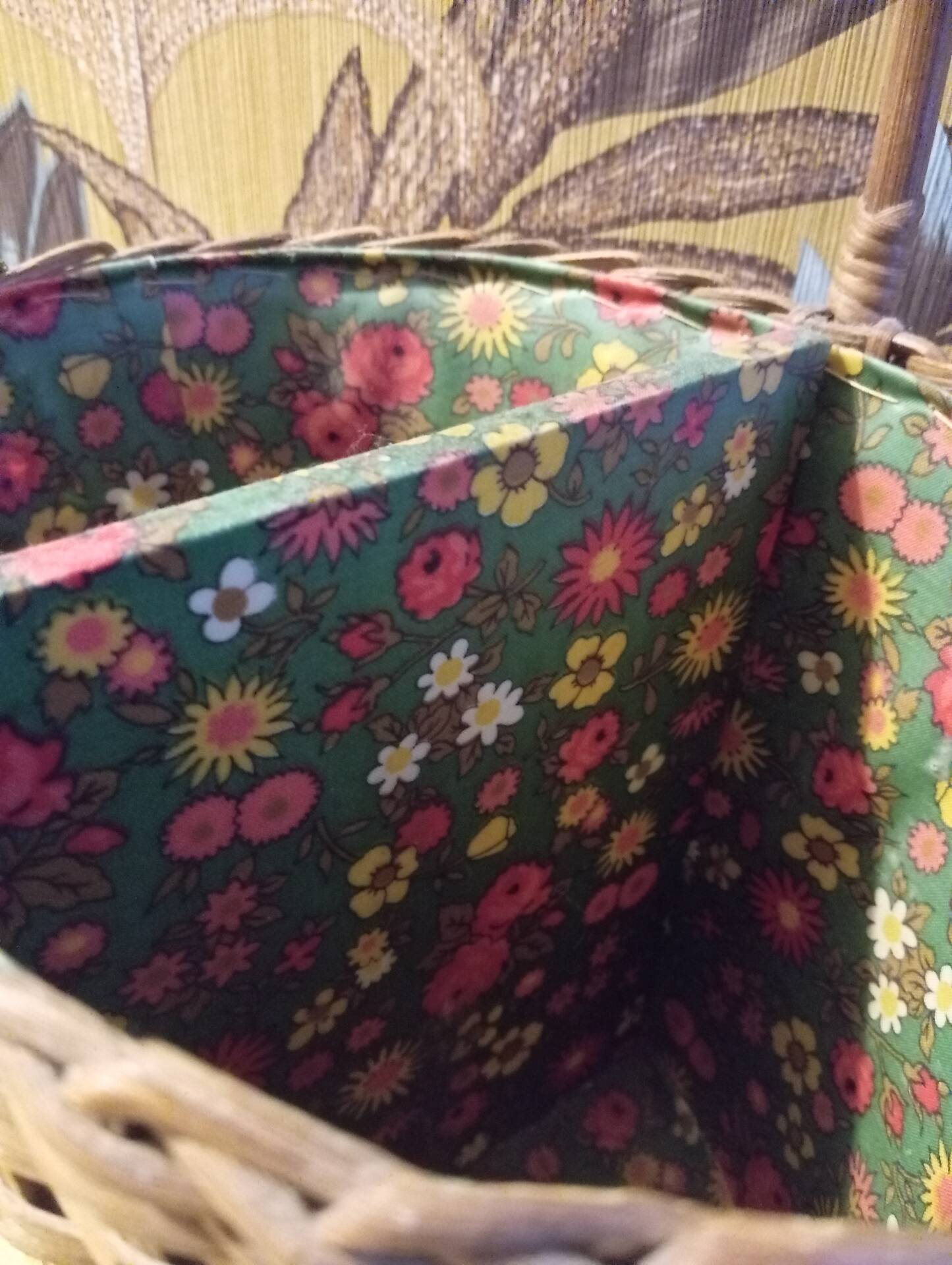 Woven wicker bottle basket. Flower Power. Very good condition.