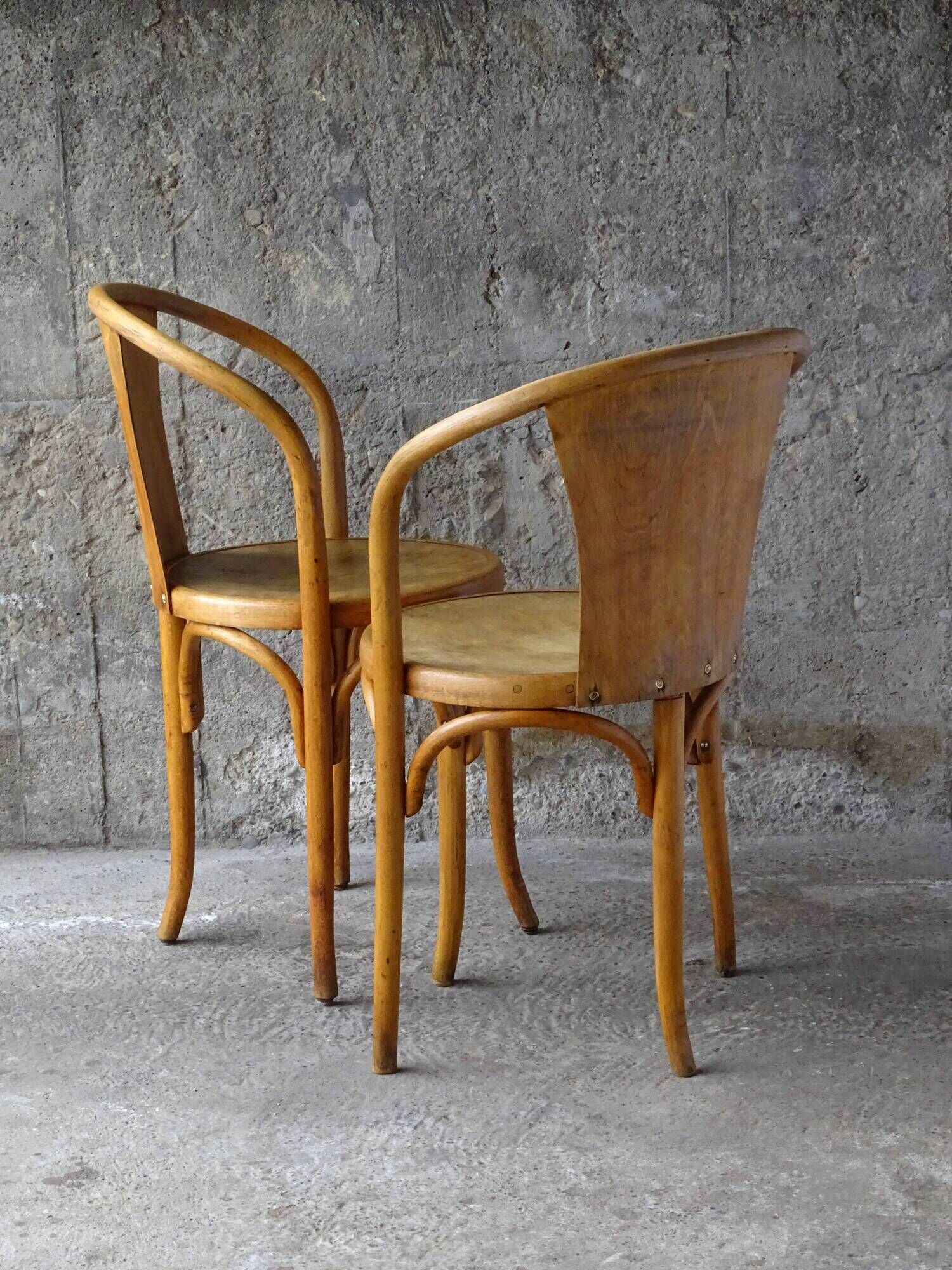 Pair of bistrot wood-curved armchairs fischel n ° 15 e 1930