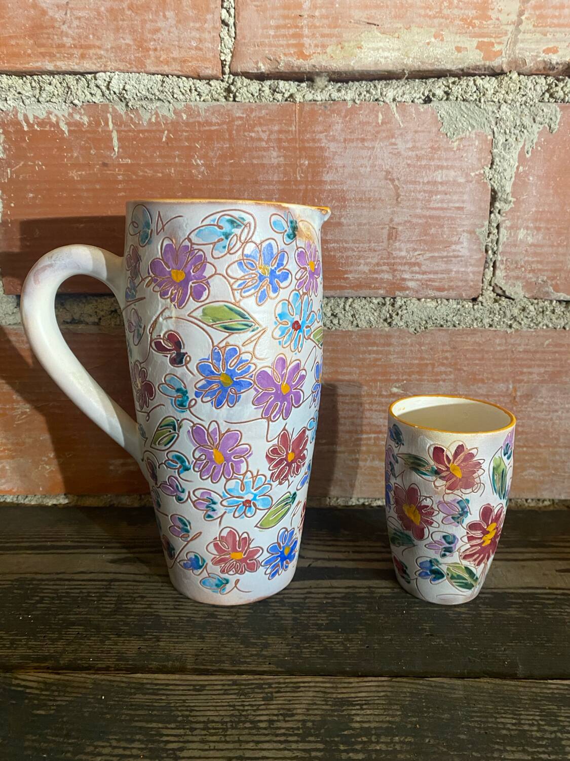 Orangeade Service VALLAURIS Ceramic Flowers Pitcher + 6 Vinta Glasses