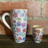 Orangeade Service VALLAURIS Ceramic Flowers Pitcher + 6 Vinta Glasses