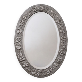 Antique Arts & Crafts oval wall mirror, `poppies`, pewter, Keswick style, 1900`s ca, English