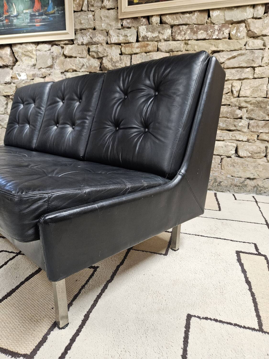 Vintage leather bench sofa 1970"