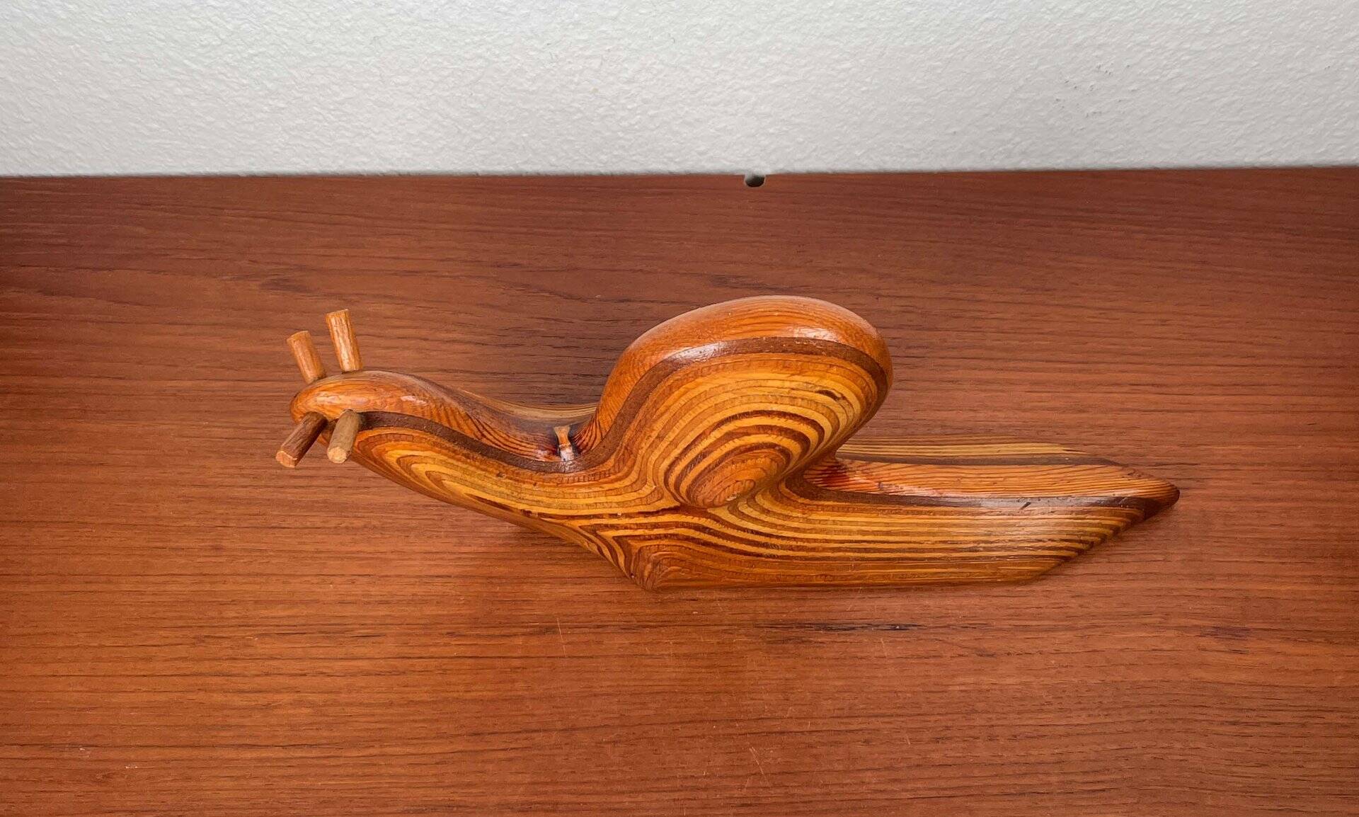 Large Danish carved wooden snail sculpture from the mid-century, 1960s.