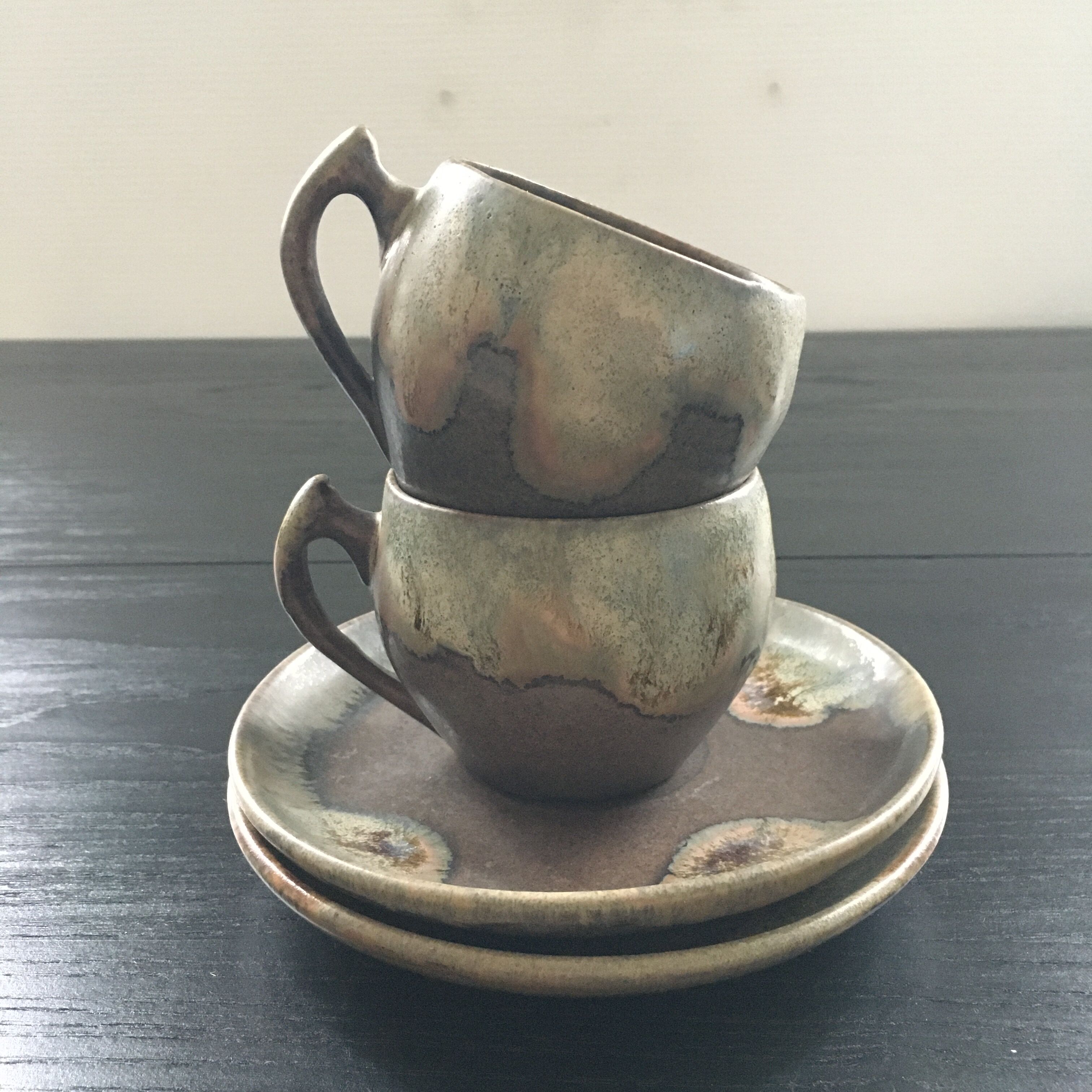 Set of 2 flamed brown stoneware cups