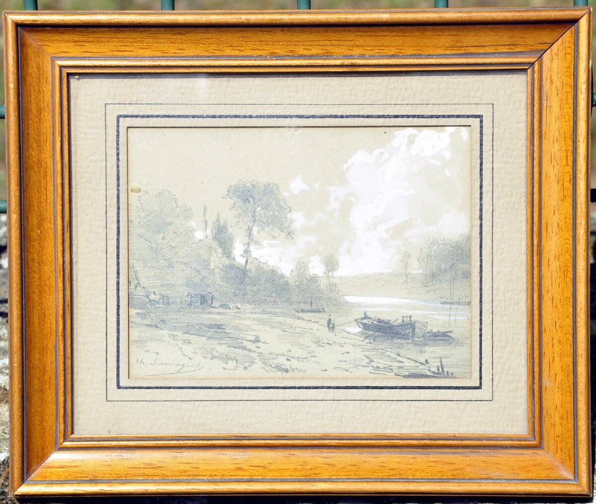 Charles-Théodore Sauvageot graphite river landscape