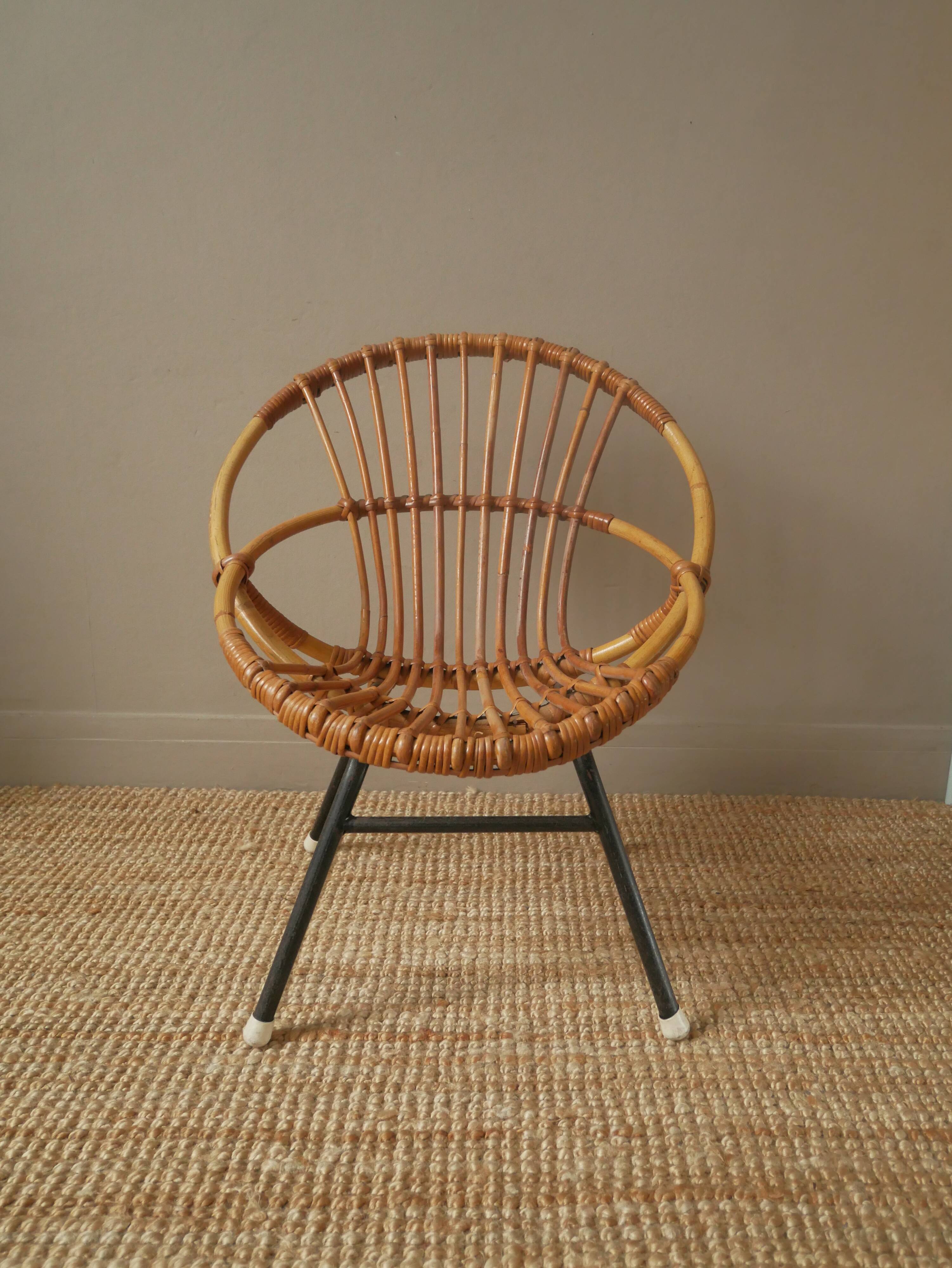 Vintage bamboo wicker rattan armchair Scandinavian decoration child retro chair black metal base