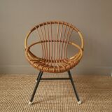 Vintage bamboo wicker rattan armchair Scandinavian decoration child retro chair black metal base