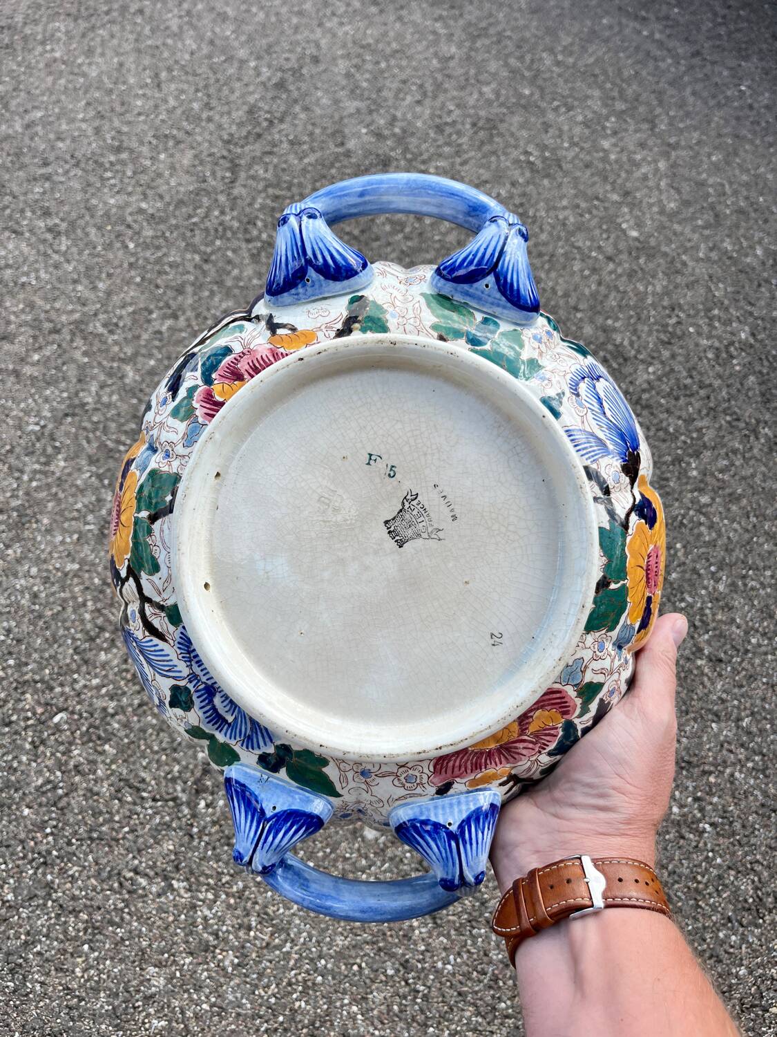 Melonniere dish in Gien earthenware with peony decoration