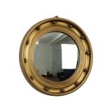 Grand miroir de majordome ancien avec cadre doré et hublot en forme d'œil de sorcière, années 1930