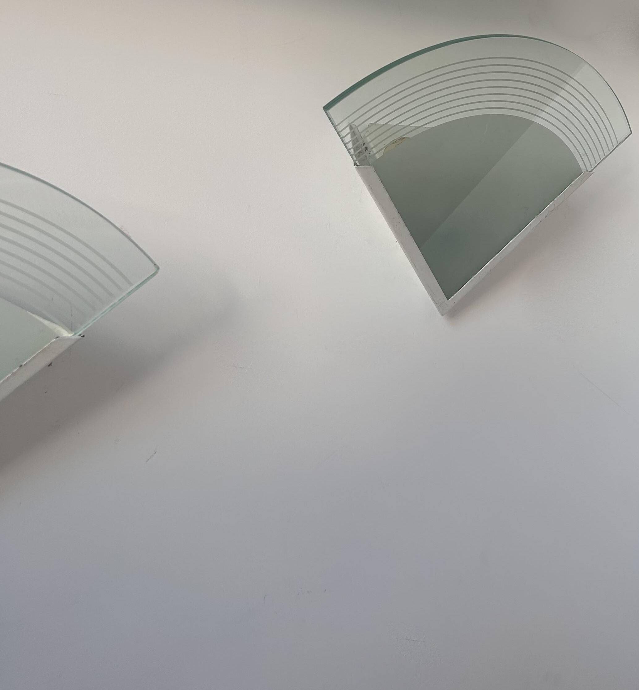 Pair of vintage wall lights, white lacquered metal and sandblasted glass, France 1970