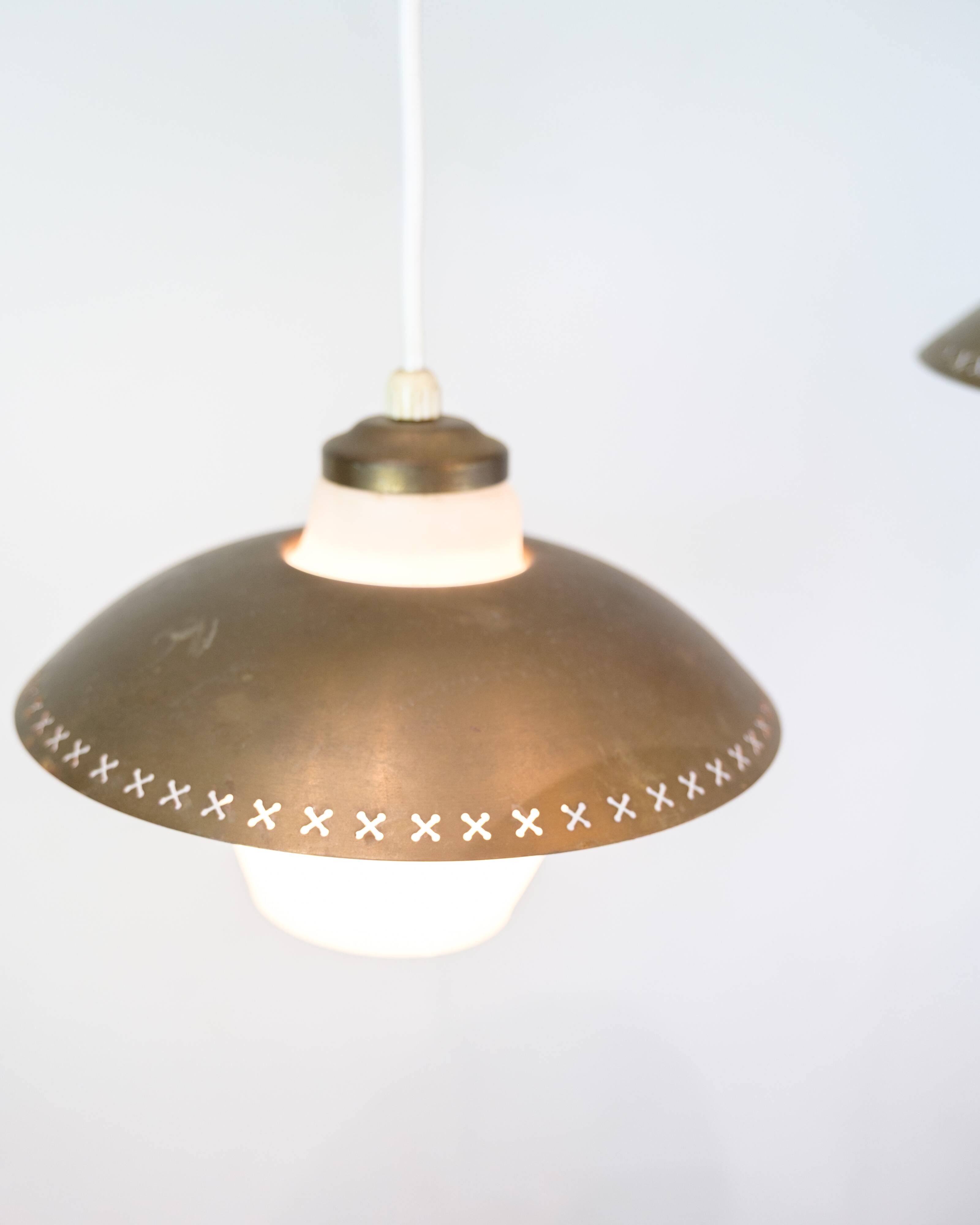 Vintage three-arm ceiling pendant – opal glass and brass – Bent Karlby –1950/60s