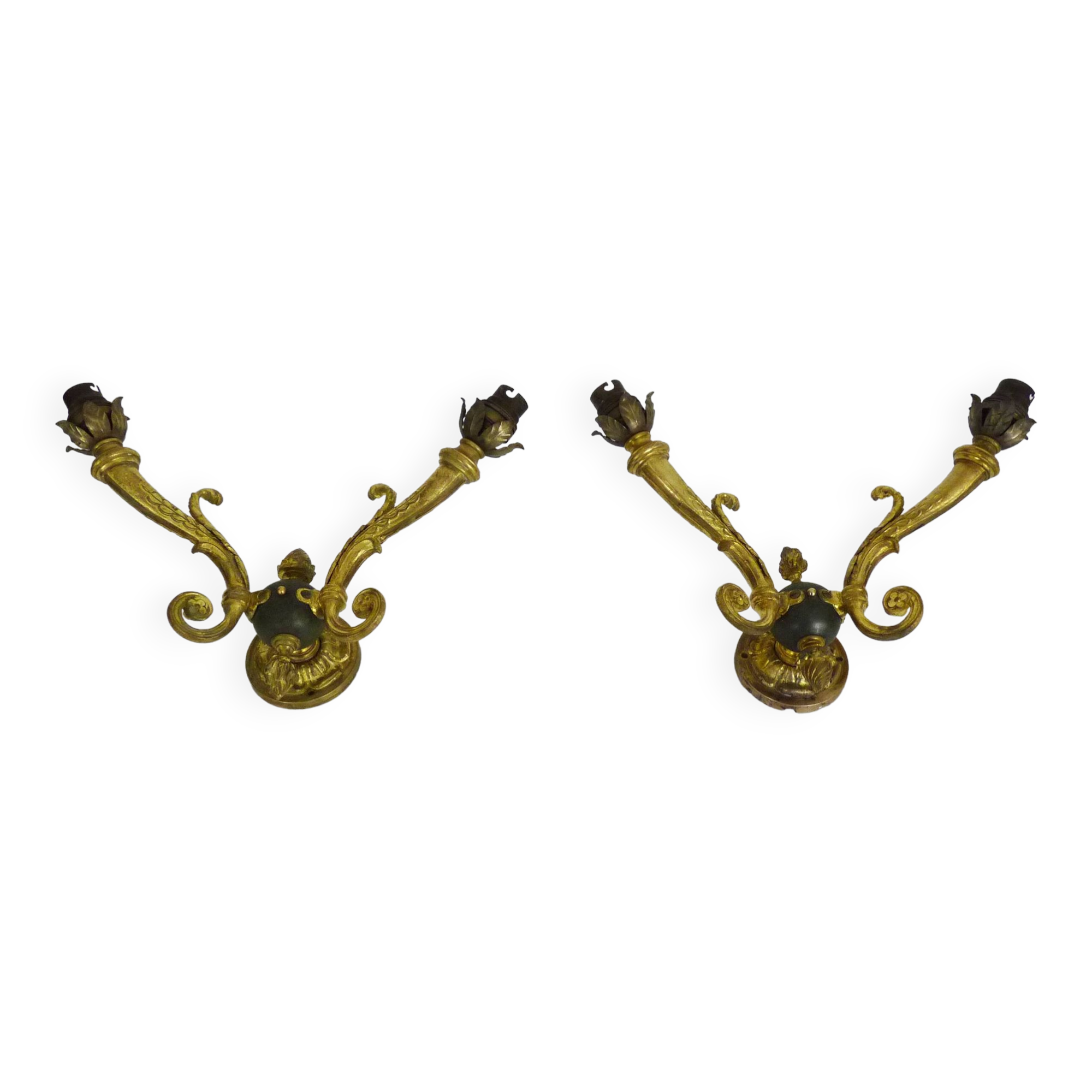 Pair of double-light Empire style wall lights in bronze
