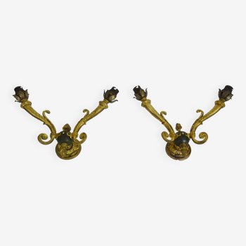 Pair of double-light Empire style wall lights in bronze