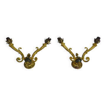 Pair of double-light Empire style wall lights in bronze