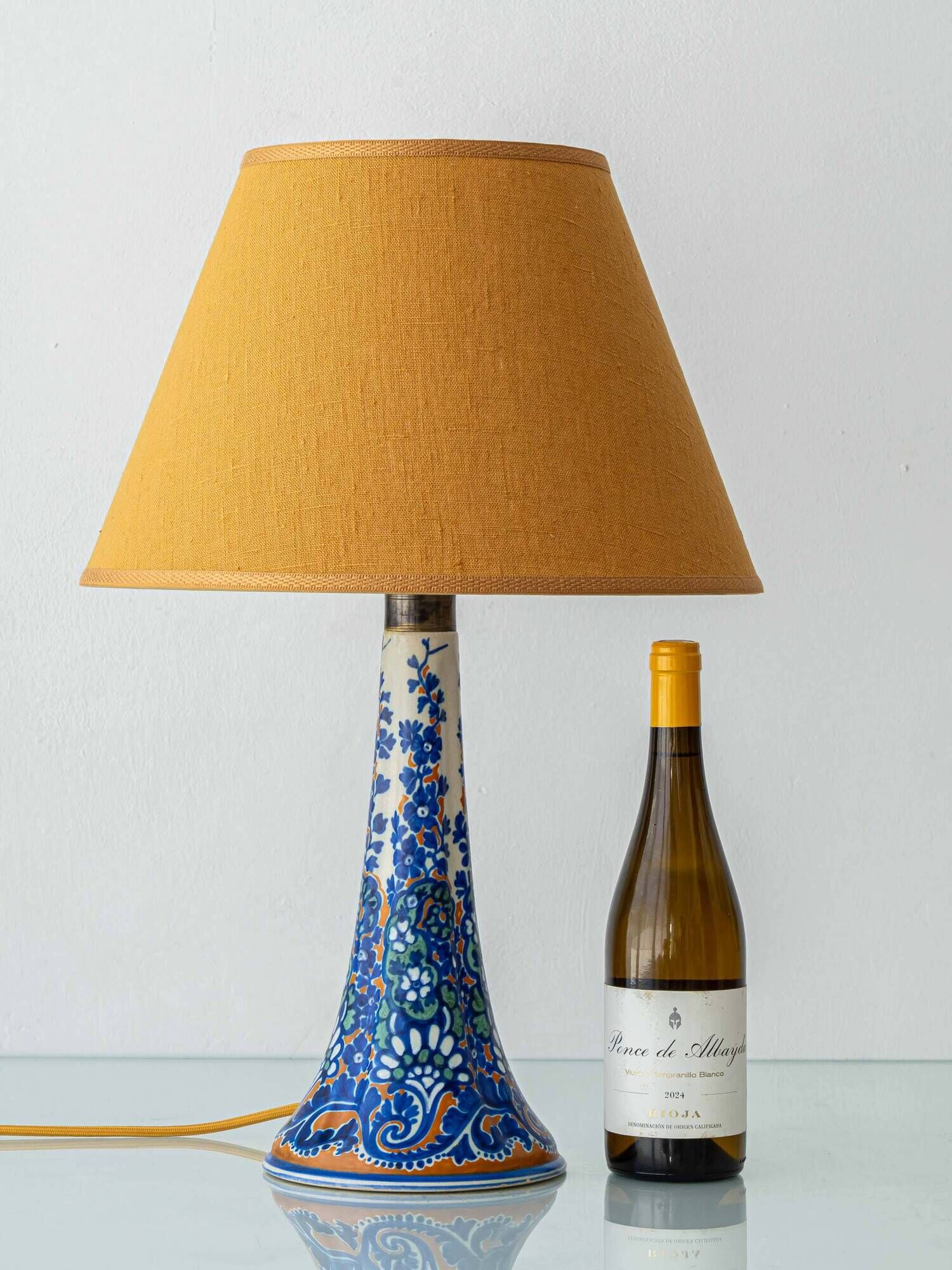 Antique Art Deco Gouda Pottery Table Lamp, c. 1910-35, New Ochre Linen Shade