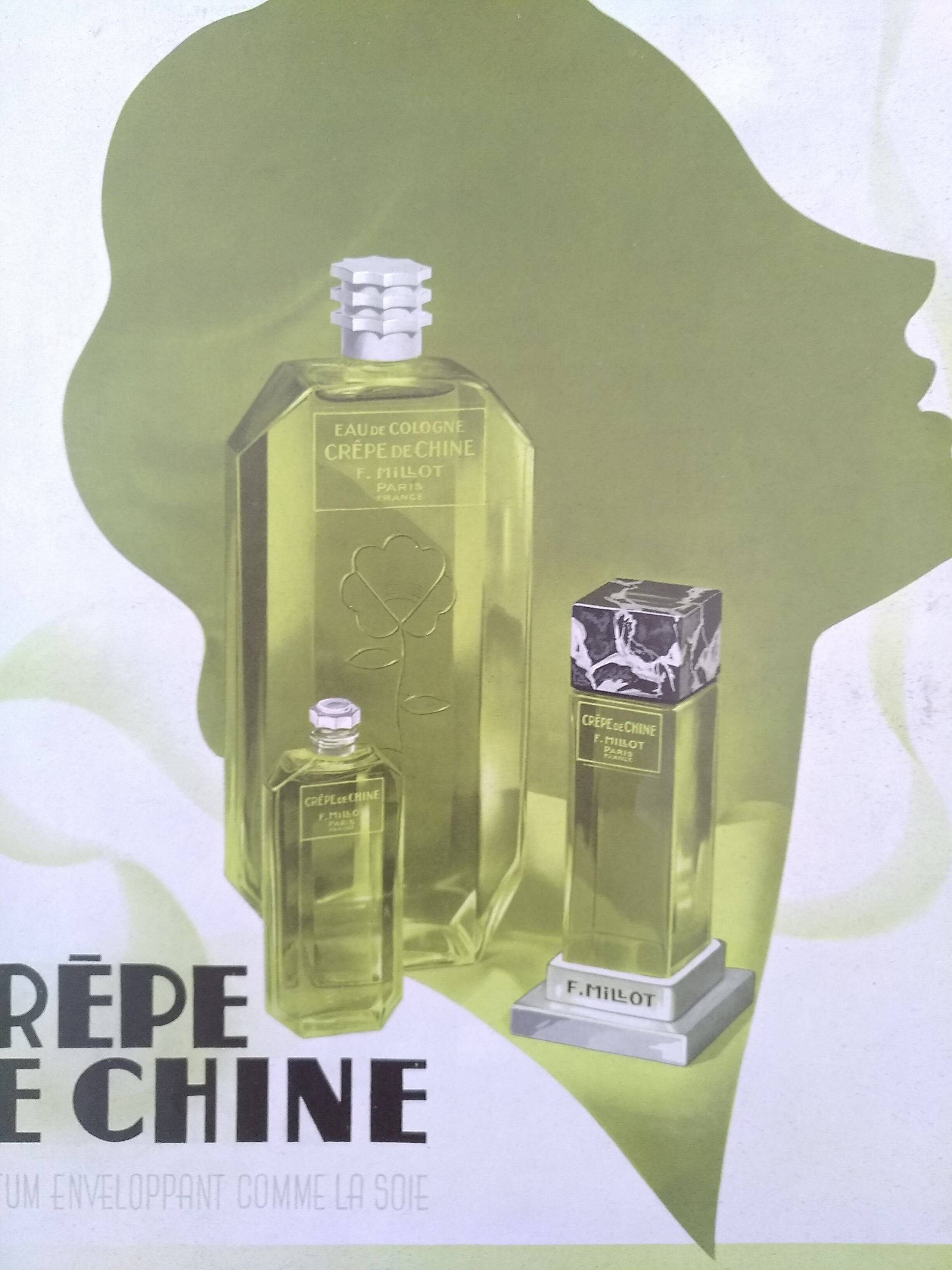 A paper advertisement for perfume brand crêpe de chine and eau de cologne from 1937 magazine