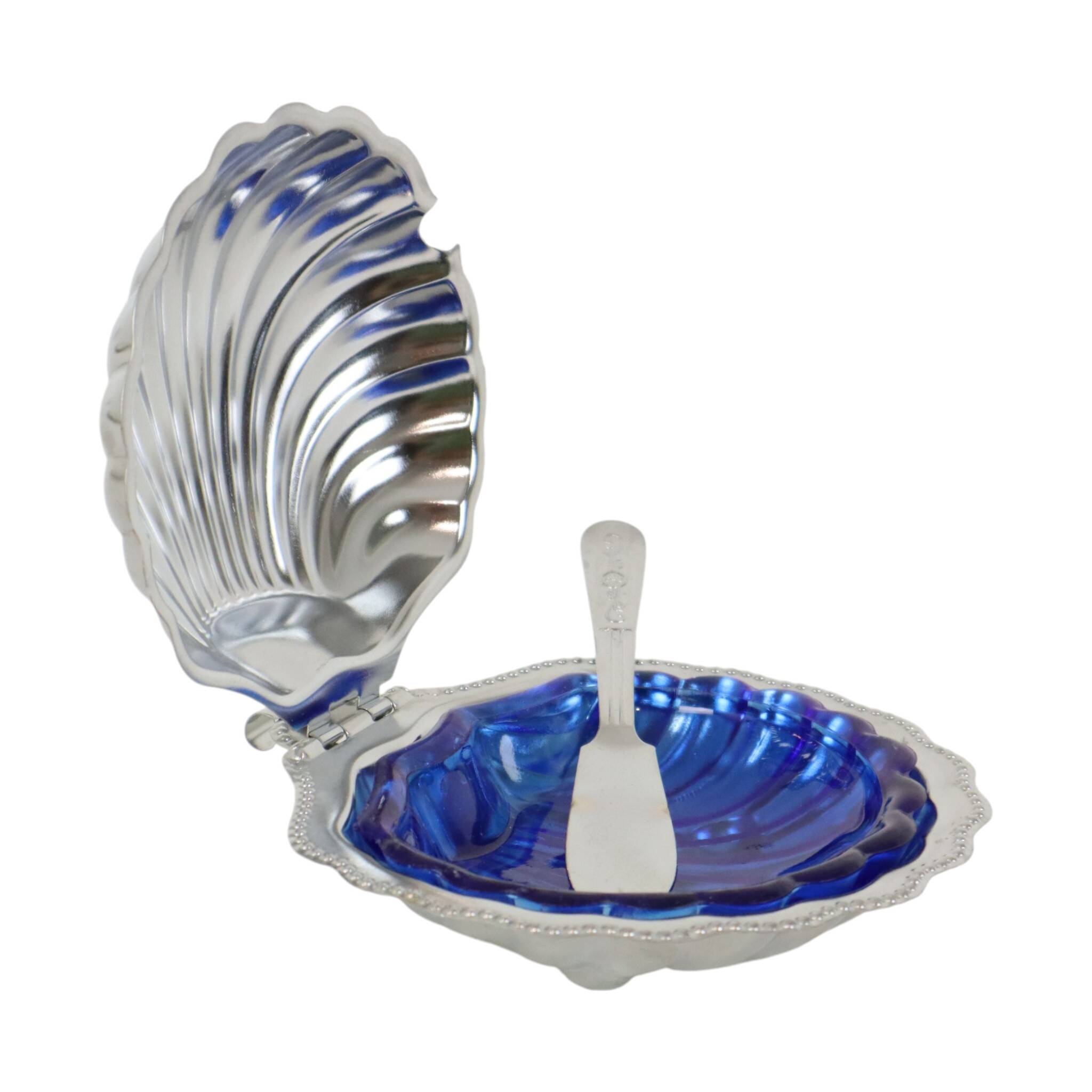 Vintage Blue Glass Queen Anne Scallop Shell Butter Dish