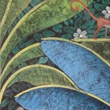 Painted canvas depicting a toucan on a stylized background. Contemporary.