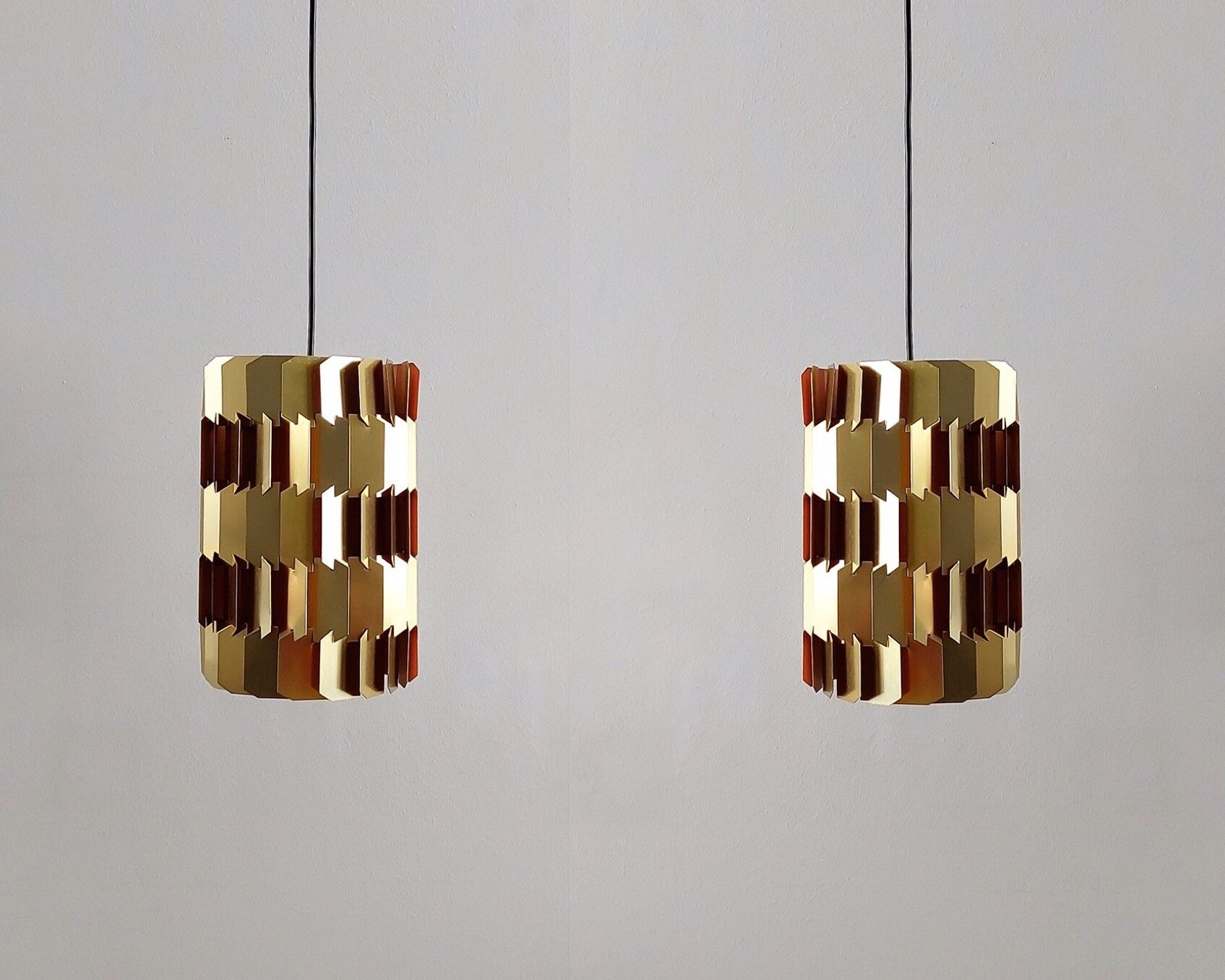 Set of 2 gold and orange 'Facet-pop' pendant lamps by Louis Weisdorf for Lyfa, Denmark 1960's