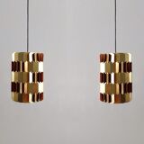 Set of 2 gold and orange 'Facet-pop' pendant lamps by Louis Weisdorf for Lyfa, Denmark 1960's