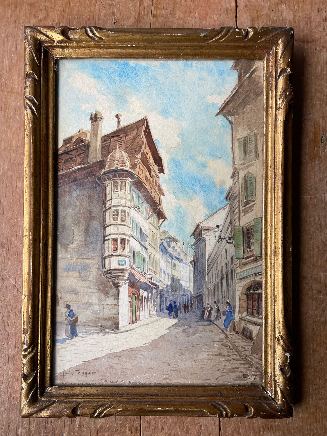 Aquarelle dans un cadre en bois sculpté doré patiné