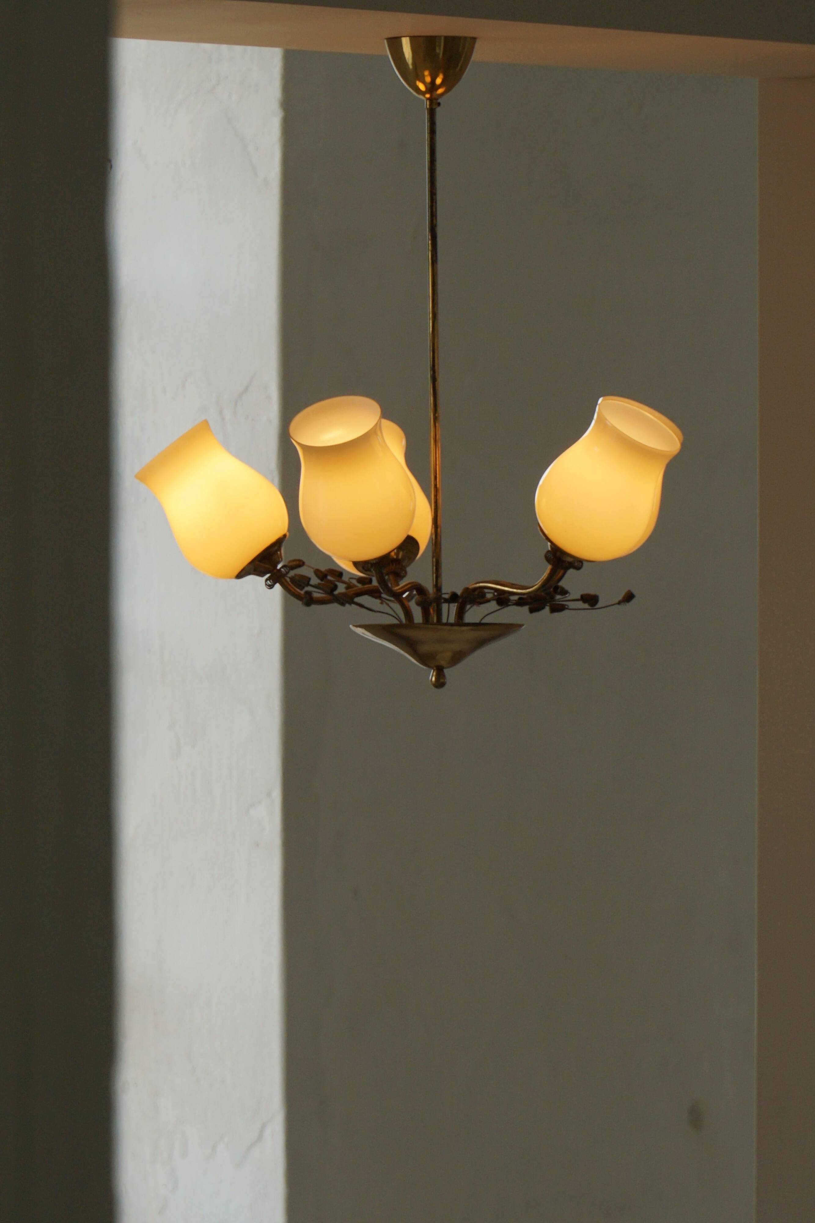 Brass and glass chandelier, Lisa Johansson-Pape for Stockmann, Finland, 1940s.