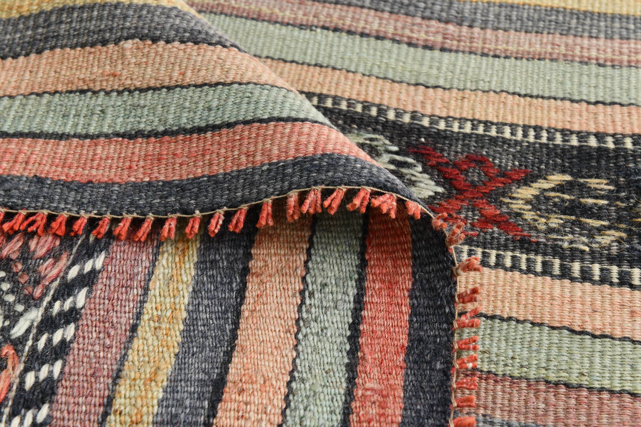 130x205Cm Pale Orange Striped Kilim Rug, Rugged Rugs, 4x7 Wool Area Rug