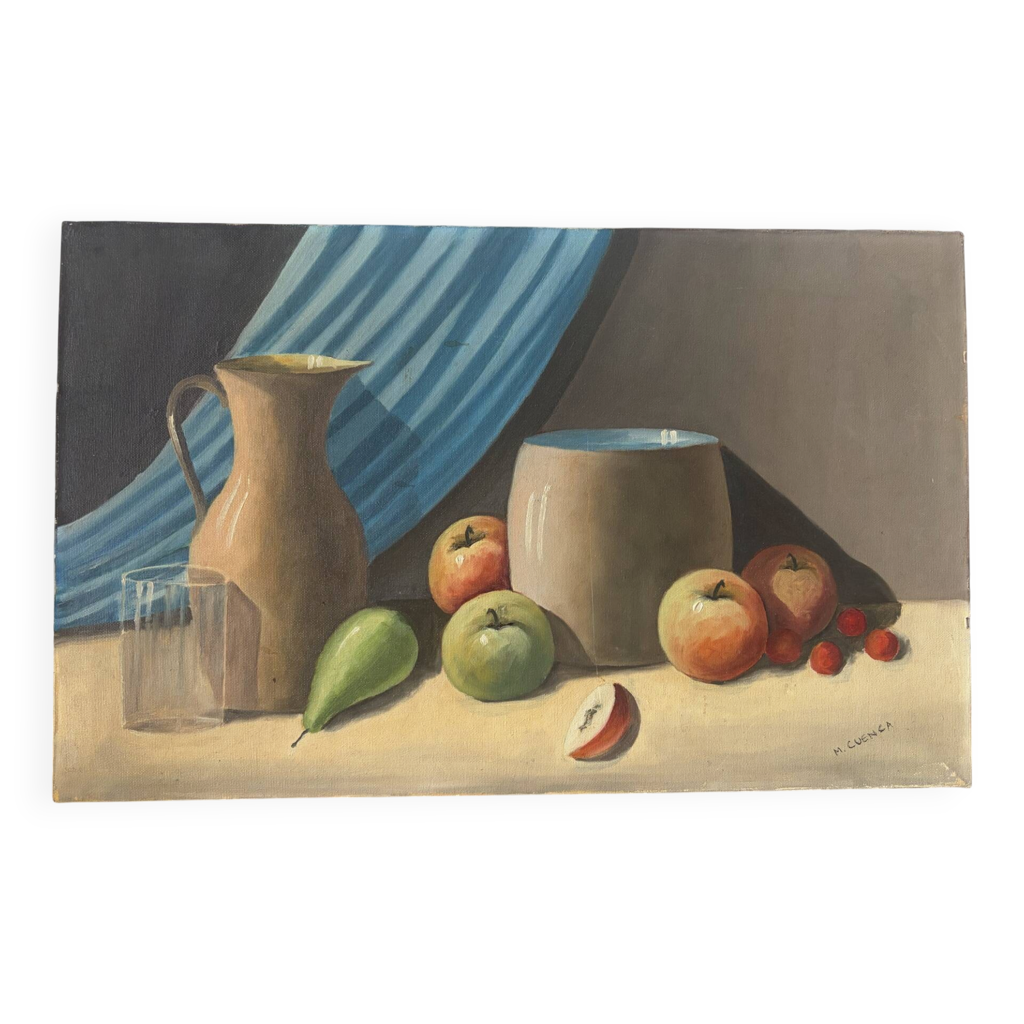 Still life with blue veil, oil on canvas signed