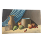 Nature morte avec voile bleue, huile sur toile signé