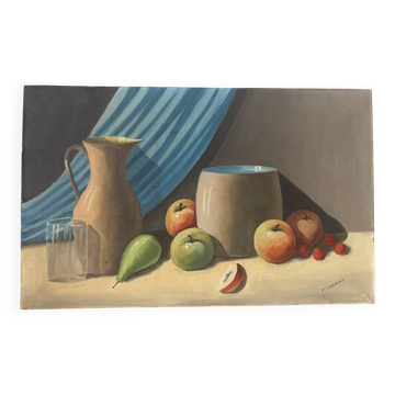 Nature morte avec voile bleue, huile sur toile signé