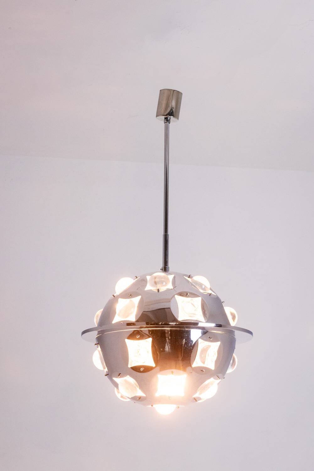 Oscar Torlasco. Chrome-plated metal "satellite" chandelier. 1970s.