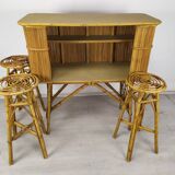Vintage rattan bar and stools