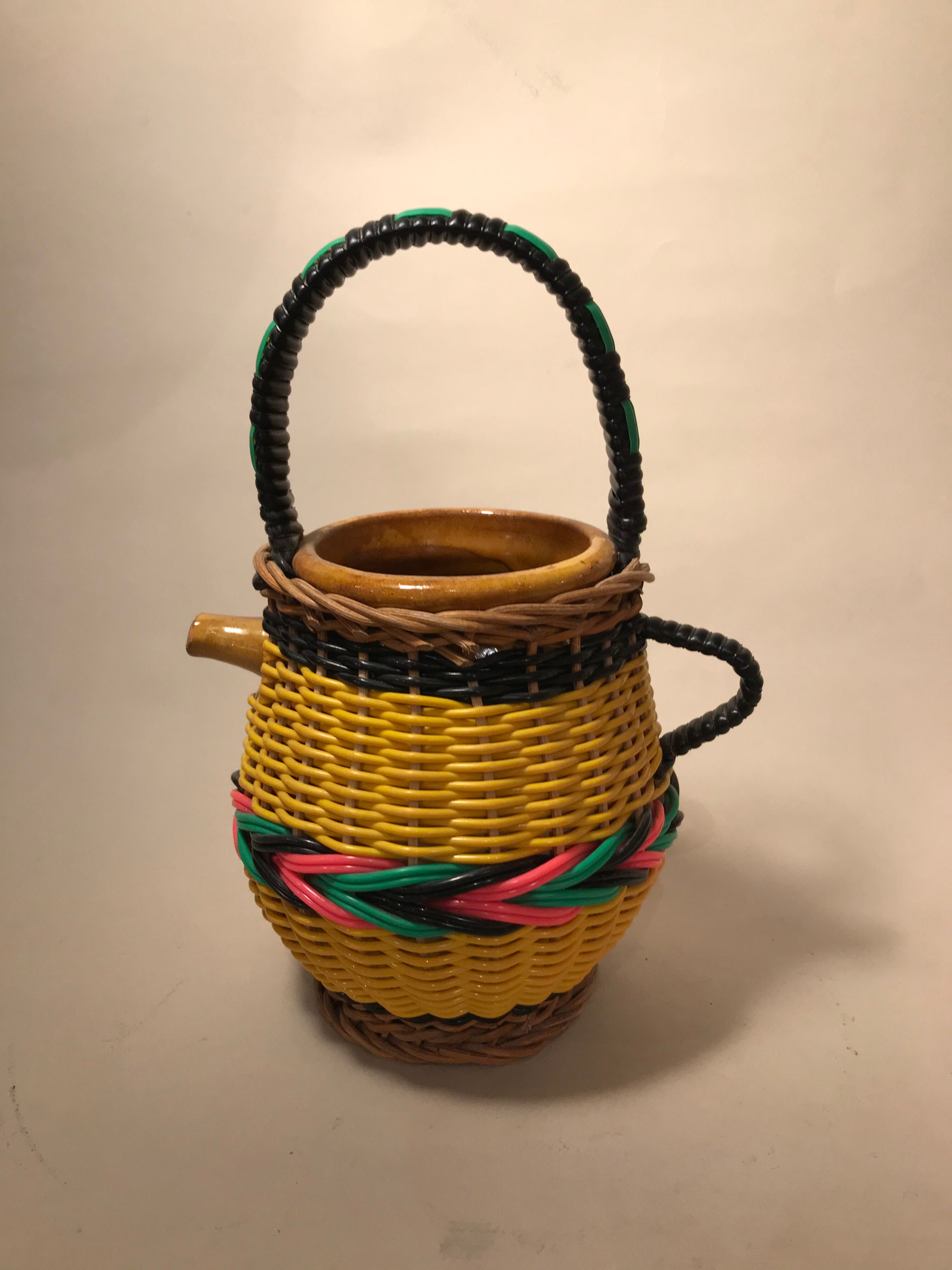 Pitcher 1960 terracotta and scoubidou vase pot with carafe cove